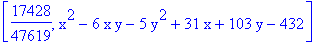 [17428/47619, x^2-6*x*y-5*y^2+31*x+103*y-432]
